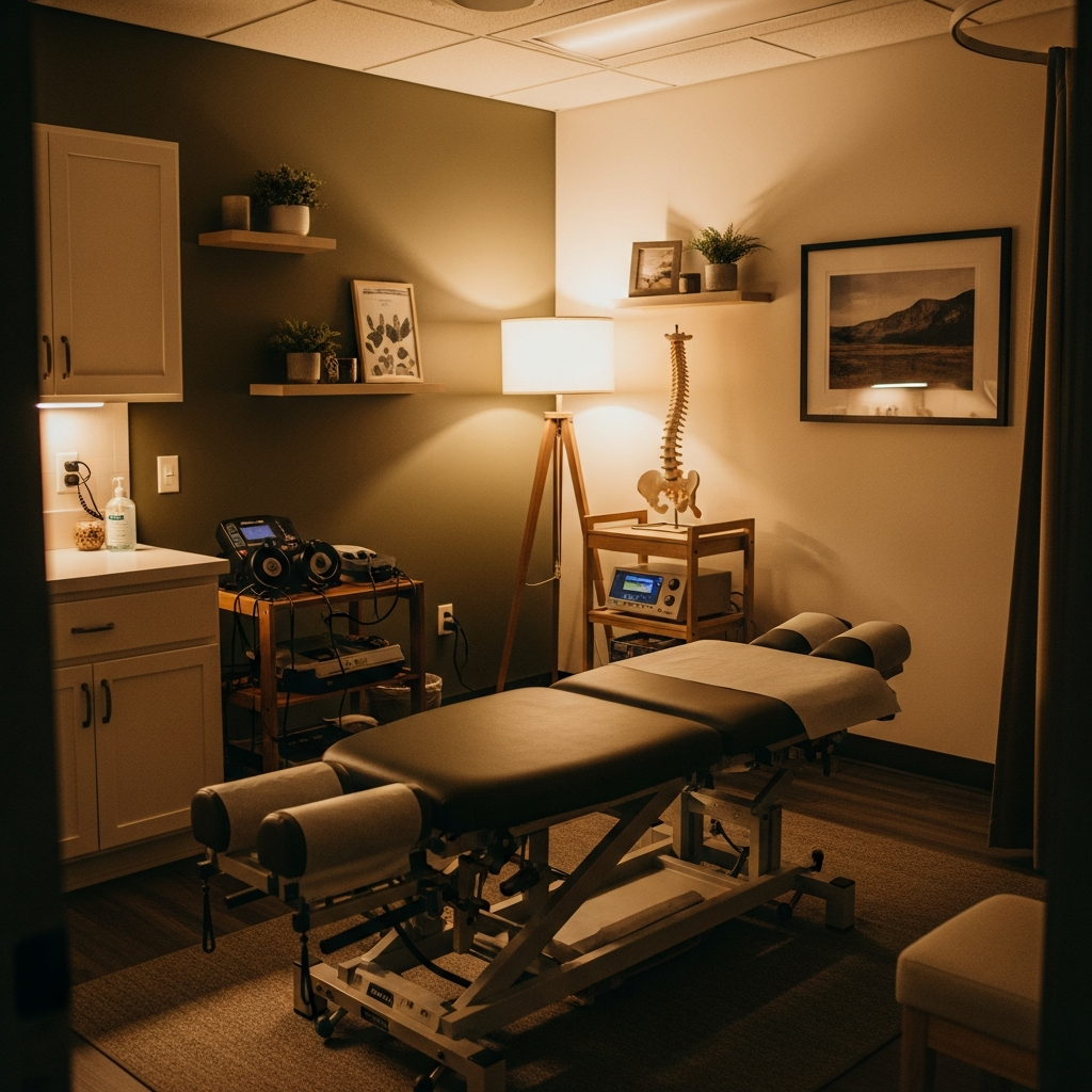 Calm, warmly lit chiropractic treatment room at Village Health Center with natural tones and professional equipment