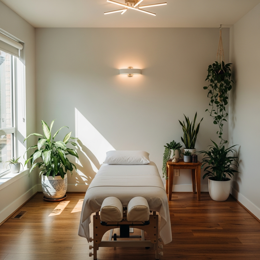 Warm, naturally lit chiropractic treatment room with a padded table, green plants, and a calm healing atmosphere